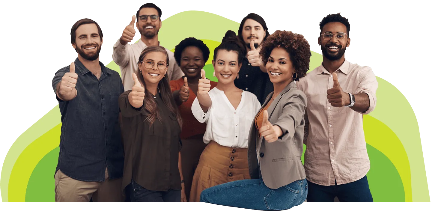 8 young employees of diverse colors and genders give thumbs up about the importance of employee satisfaction.