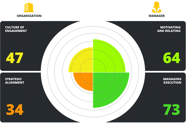 Graphic shows the survey results: culture of engagement and strategic alignment with the organization; motivating and relating to the manager and managing execution.